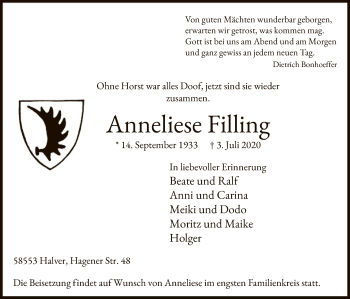 Todesanzeige von Anneliese Filling von WA