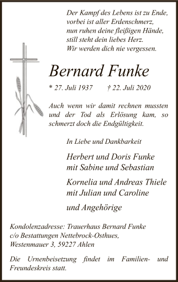 Todesanzeige von Bernard Funke von WA