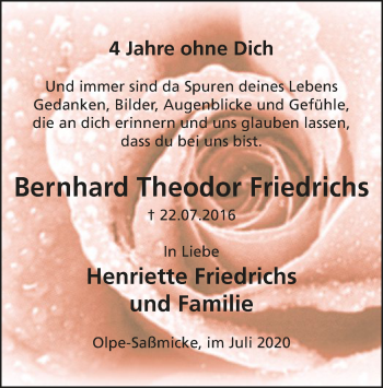 Todesanzeige von Bernhar Theodor Friedrichs von WA
