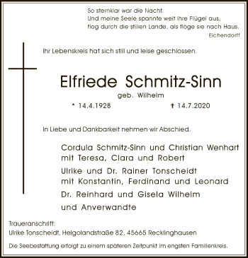 Todesanzeige von Elfriede Schmitz-Sinn von WA