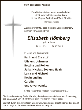 Todesanzeige von Elisabeth Hömberg von WA