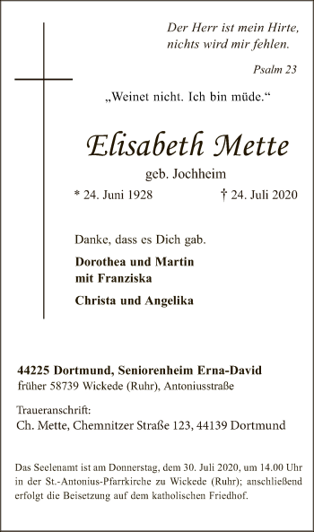 Todesanzeige von Elisabeth Mette von WA