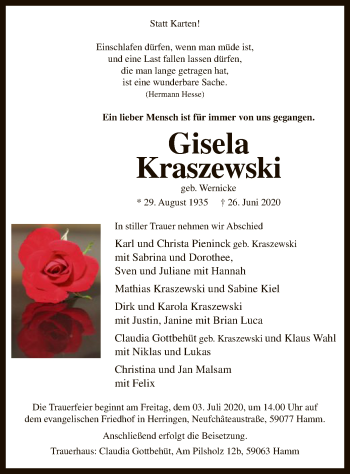 Todesanzeige von Gisela Kraszewski von WA