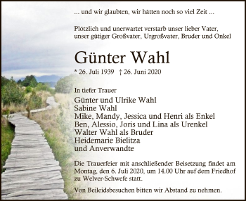 Todesanzeige von Günter Wahl von WA
