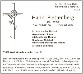 Todesanzeige von Hanni Plettenberg von WA