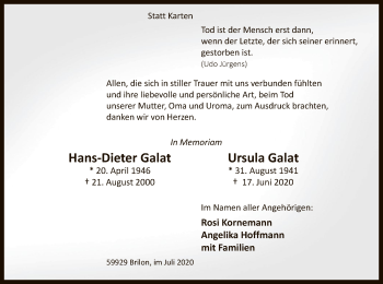 Todesanzeige von Hans-Dieter und Ursula Galat von WA