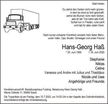 Todesanzeige von Hans-Georg Haß von WA