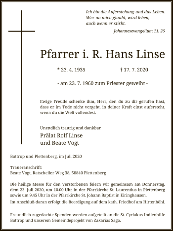 Todesanzeige von Hans Linse von WA