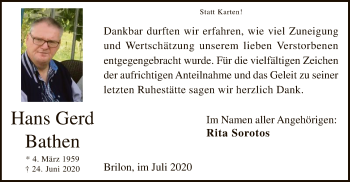 Todesanzeige von Hans Gerd Bathen von WA