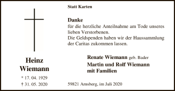 Todesanzeige von Heinz Wiemann von WA