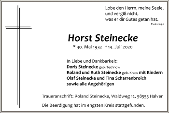 Todesanzeige von Horst Steinecke von WA
