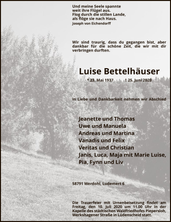 Todesanzeige von Luise Bettelhäuser von WA