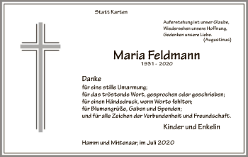 Todesanzeige von Maria Feldmann von WA