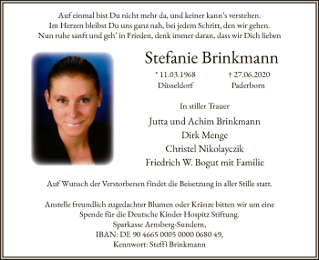 Todesanzeige von Stefanie Brinkmann von WA