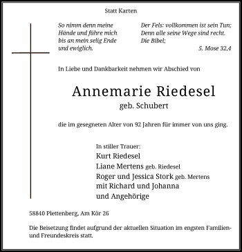 Todesanzeige von Annemarie Riedesel von WA