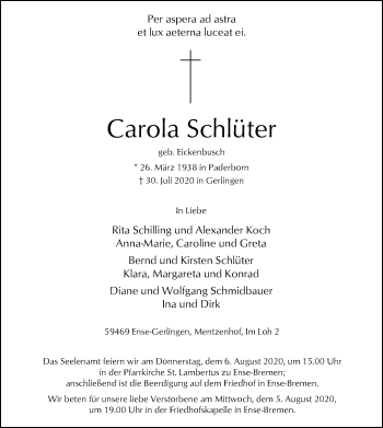 Todesanzeige von Carola Schlüter von WA