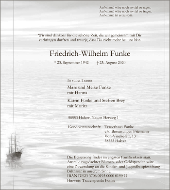 Todesanzeige von Friedrich-Wilhelm Funke von WA