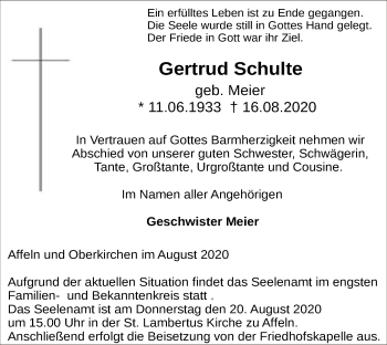 Todesanzeige von Gertrud Schulte von WA