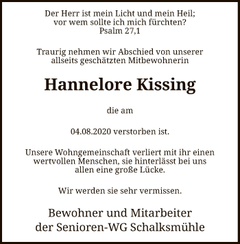 Todesanzeige von Hannelore Kissing von WA