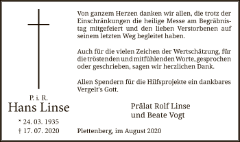 Todesanzeige von Hans Linse von WA