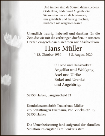 Todesanzeige von Hans Müller von WA