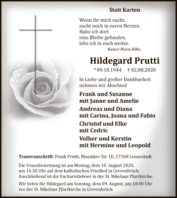 Todesanzeige von Hildegard Prutti von WA