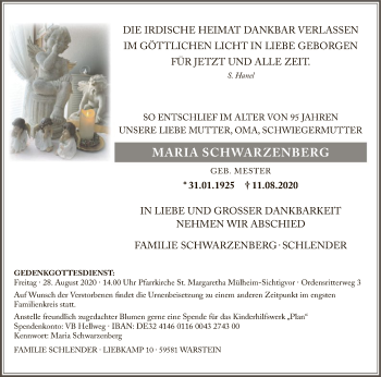 Todesanzeige von Maria Schwarzenberg von WA