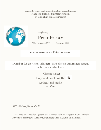 Todesanzeige von Peter Eicker von WA