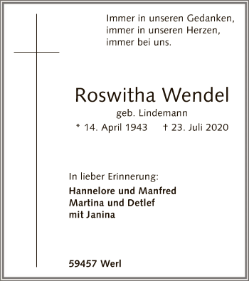 Todesanzeige von Roswitha Wendel von WA