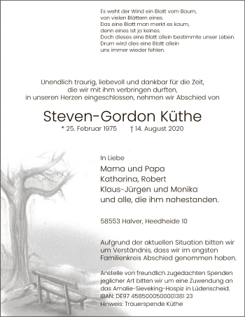 Todesanzeige von Steven-Gordon Küthe von WA