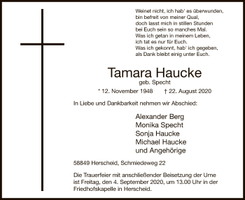 Todesanzeige von Tamara Haucke von WA