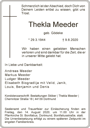 Todesanzeige von Thekla Meeder von WA