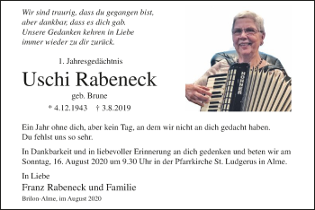 Todesanzeige von Uschi Rabeneck von WA