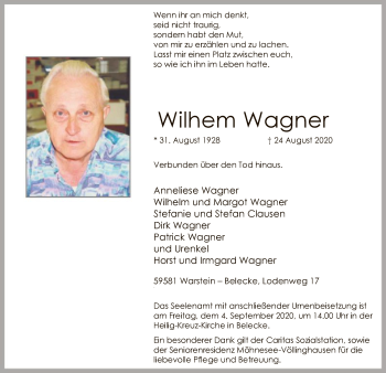 Todesanzeige von Wilhem Wagner von WA
