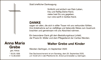 Todesanzeige von Anna Maria Grebe von WA