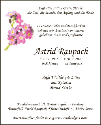 Todesanzeige von Astrid Raupach von WA