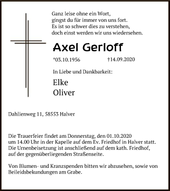 Todesanzeige von Axel Gerloff von WA