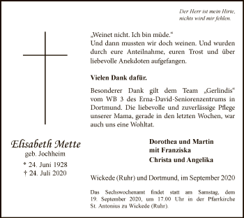Todesanzeige von Elisabeth Mette von WA