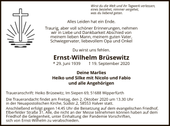 Todesanzeige von Ernst-Wilhelm Brüsewitz von WA