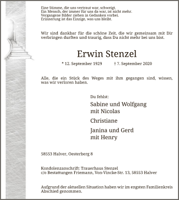 Todesanzeige von Erwin Stenzel von WA