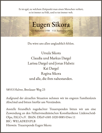 Todesanzeige von Eugen Sikora von WA