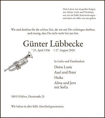 Todesanzeige von Günter Lübbecke von WA
