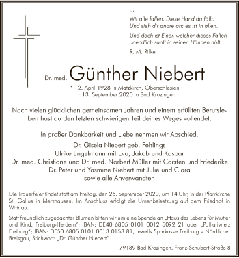 Todesanzeige von Günther Niebert von WA
