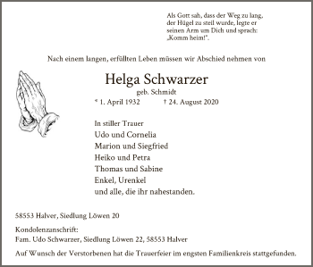 Todesanzeige von Helga Schwarzer von WA