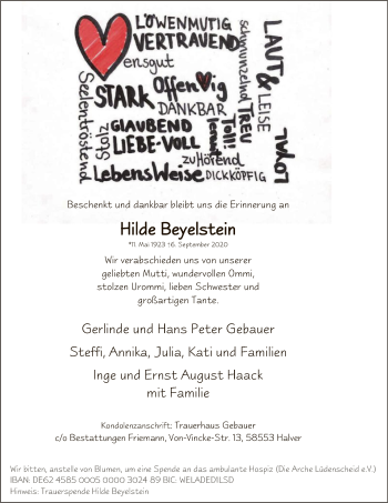 Todesanzeige von Hilde Beyelstein von WA