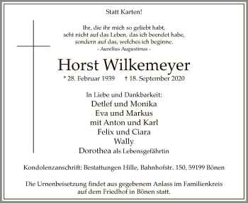 Todesanzeige von Horst Wilkemeyer von WA
