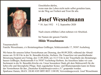 Todesanzeige von Josef Wesselmann von WA