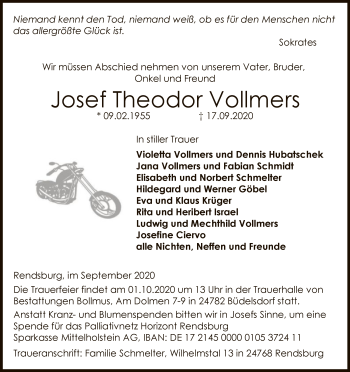 Todesanzeige von Josef Theodor Vollmers von WA