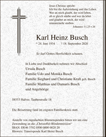 Todesanzeige von Karl Heinz Busch von WA