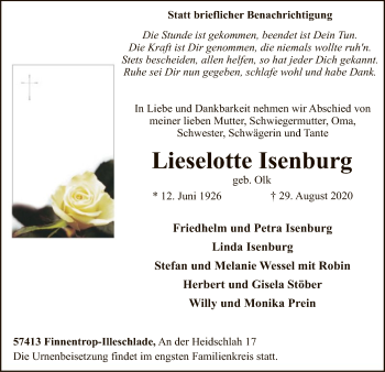Todesanzeige von Lieselotte Isenburg von WA
